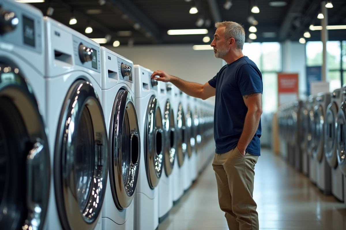 Homme observant les panneaux de contrôle de plusieurs machines à laver haut de gamme