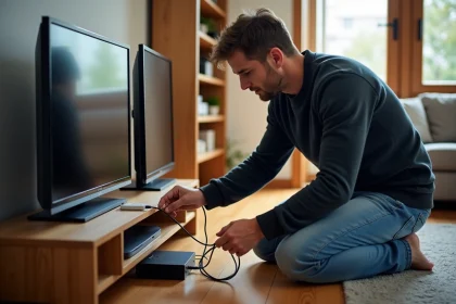 Homme connectant deux téléviseurs avec câbles HDMI et coaxial
