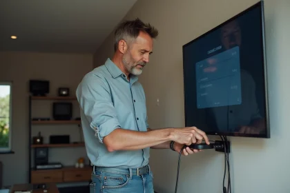 Homme branchant un câble coaxial sur une TV murale moderne
