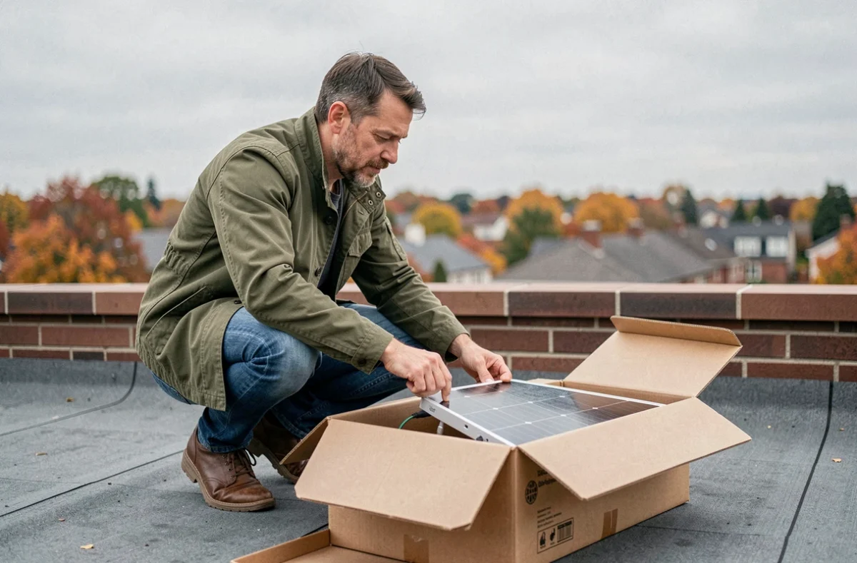 Homme déballant un panneau solaire plug and play sur une terrasse de toit en milieu urbain
