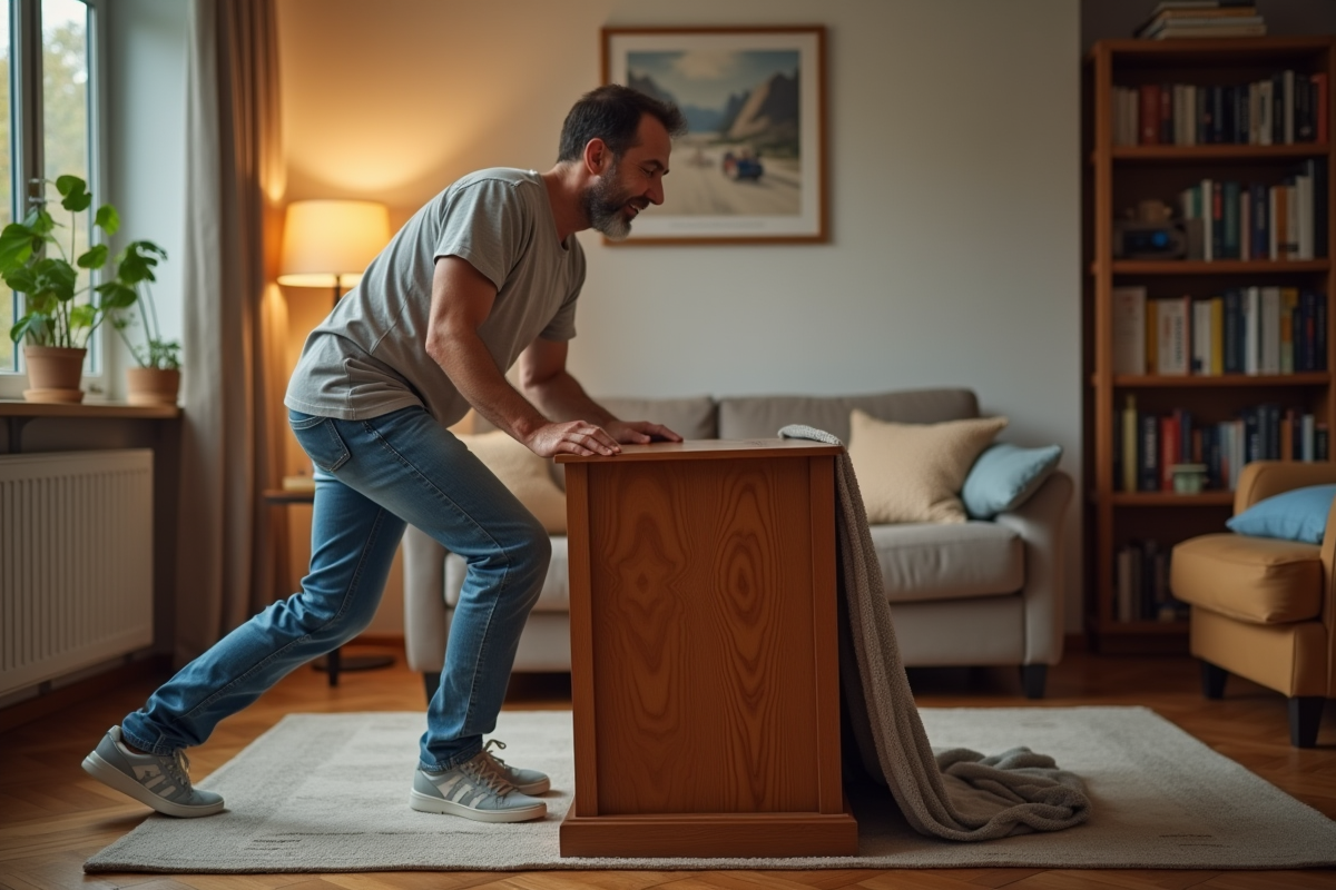 Homme d'âge moyen déplaçant un meuble lourd dans un salon