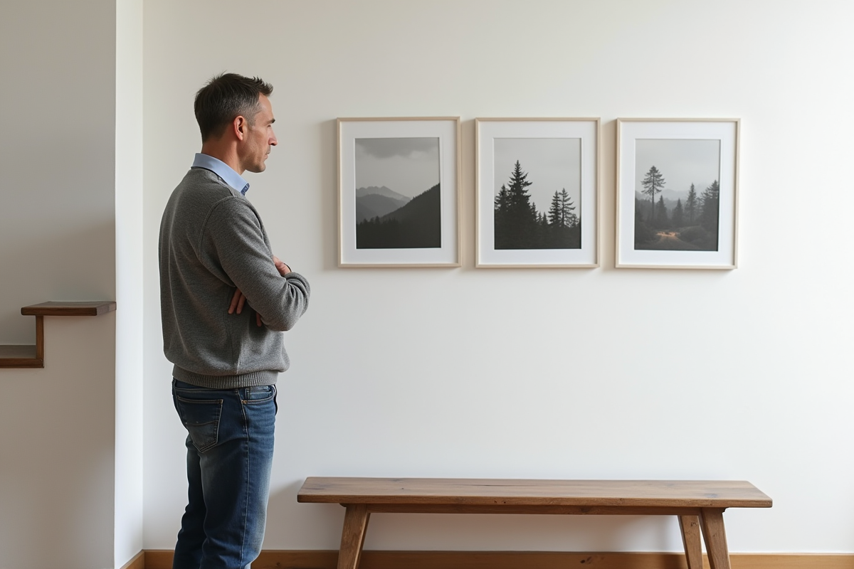 Homme regardant des cadres dans un couloir lumineux