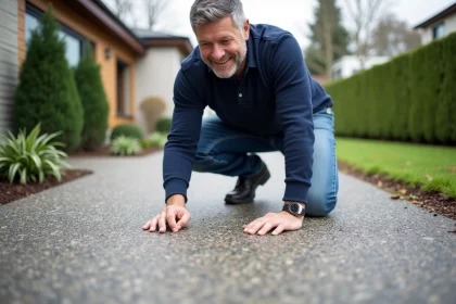 Homme inspectant une dalle de béton exposé dans un jardin