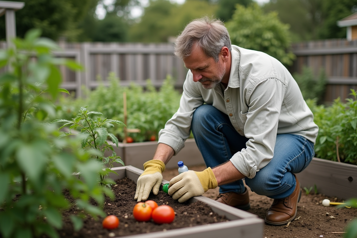 Homme appliquant un spray insecticide sur tomates dans le jardin