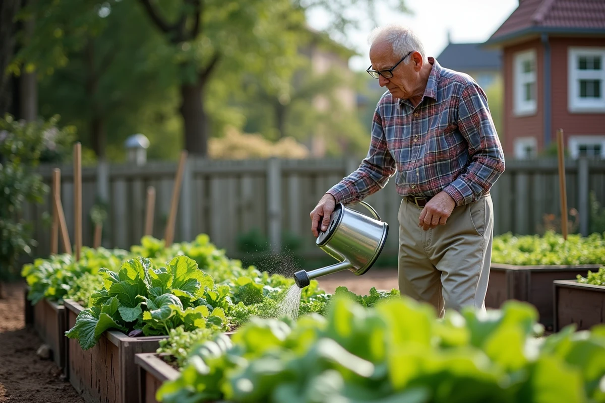 Homme âgé arrosant un jardin communautaire verdoyant