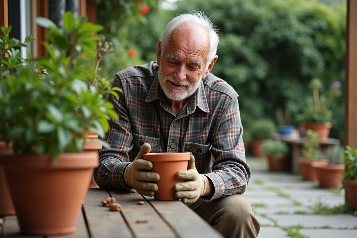 Homme âgé vérifiant un pot de fleurs dans le jardin