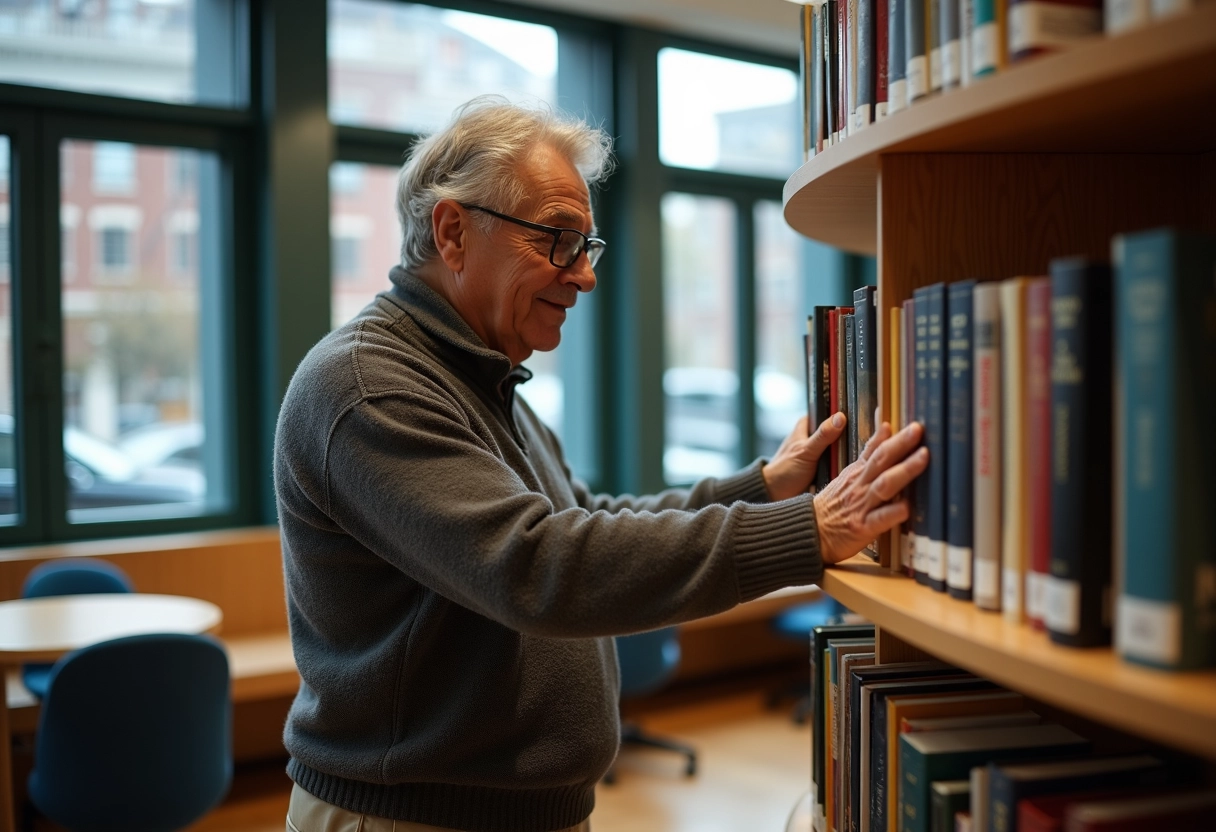 Homme âgé examine une étagère tournante dans une bibliothèque