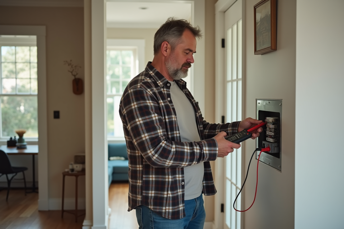Homme utilisant un multimètre dans un panneau électrique moderne