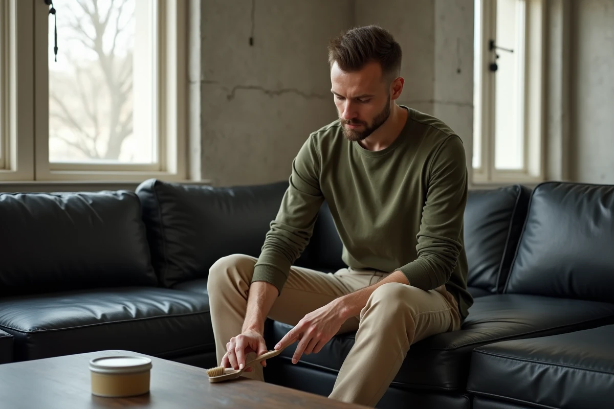 Homme appliquant un produit nettoyant sur un canapé en cuir noir avec une brosse douce dans un appartement moderne