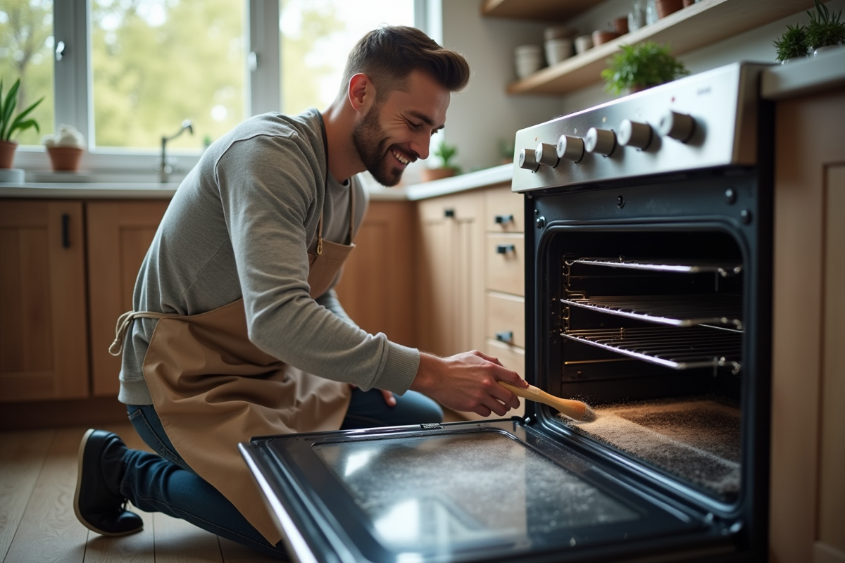 Homme appliquant une pâte de bicarbonate sur les grilles du four