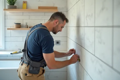 Homme en train de marquer un mur de salle de bain