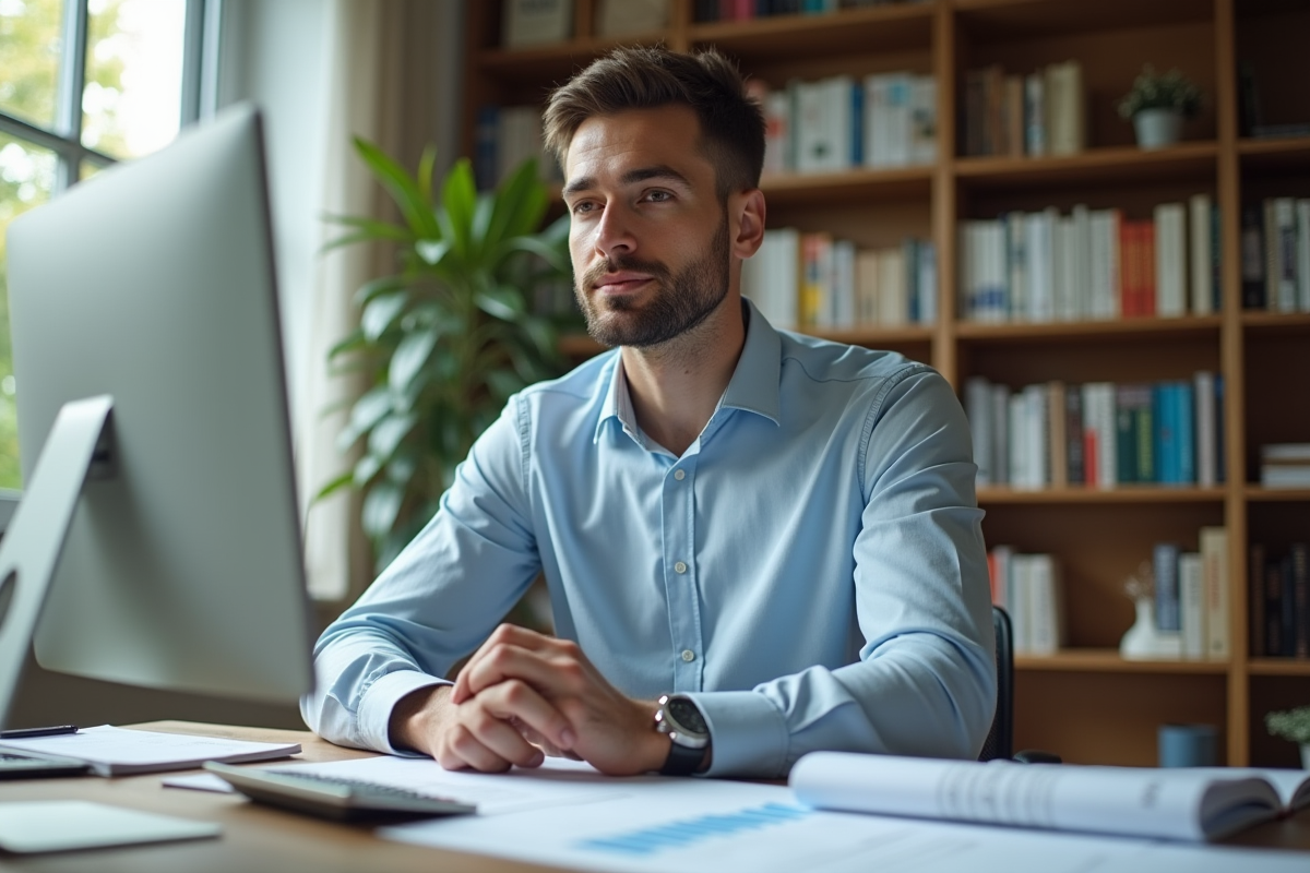 Jeune homme concentré sur ses documents financiers dans un bureau