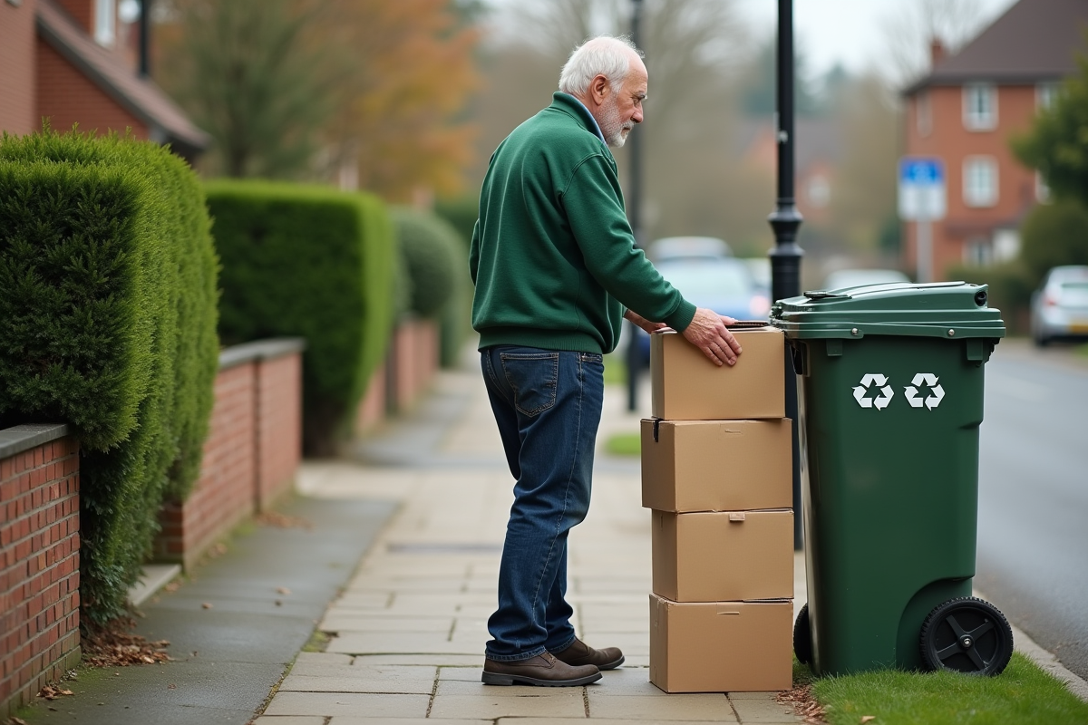 Homme âgé recyclant des cartons dans la rue