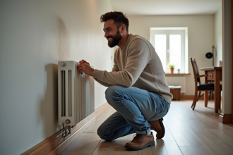 Homme d'âge moyen réglant un radiateur moderne dans un sous-sol