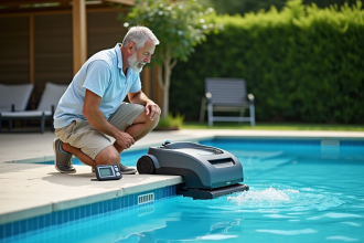 Homme d'âge moyen près d'un robot nettoyeur de piscine en extérieur