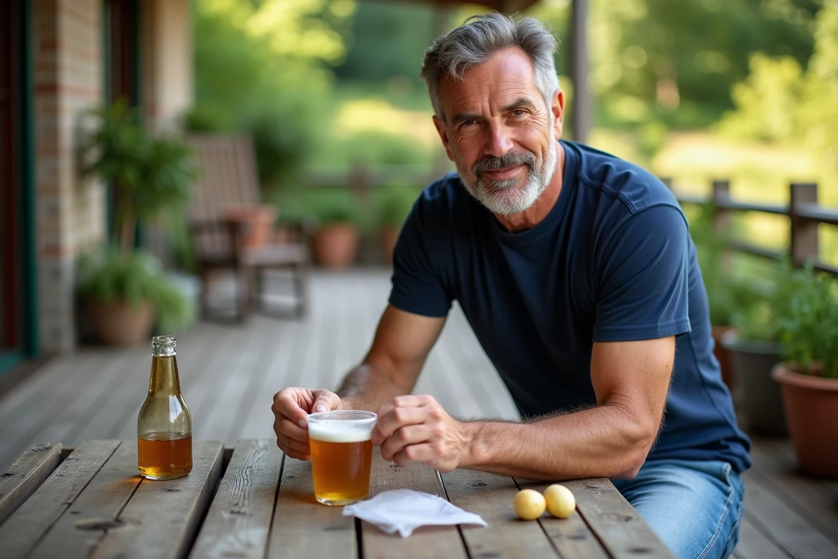 Homme assemblant une trappe à mouches à la terrasse en plein air