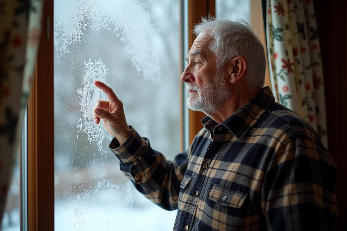 Homme age inspectant vitre givrées dans maison