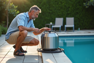 Homme vérifiant le panneau de contrôle d'une pompe à chaleur piscine