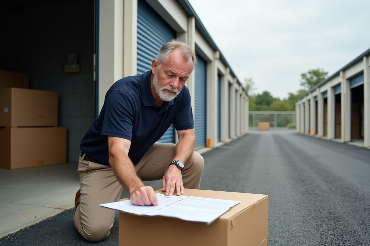 Homme inspectant un contrat de location dans un espace de stockage