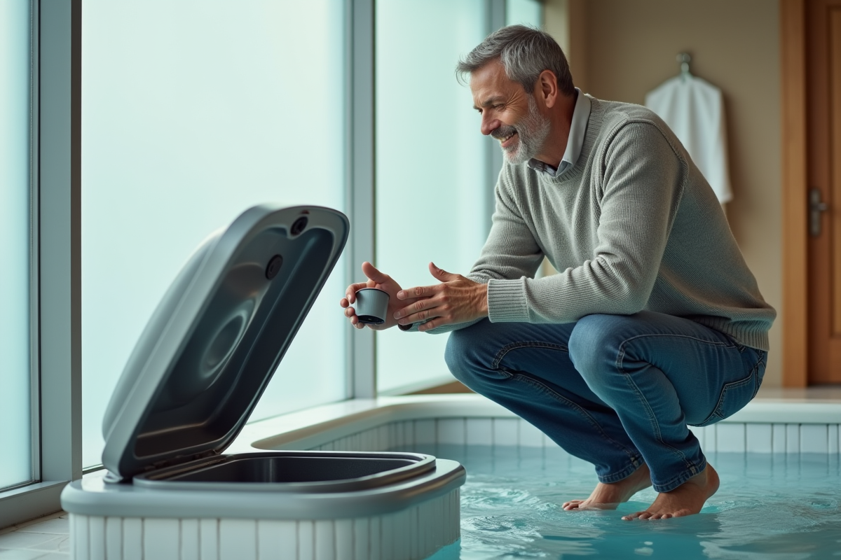 Homme vérifiant le filtre du spa intérieur avec attention