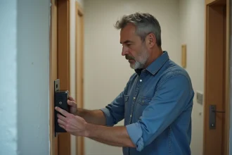 Homme d'âge moyen inspectant une serrure de porte moderne