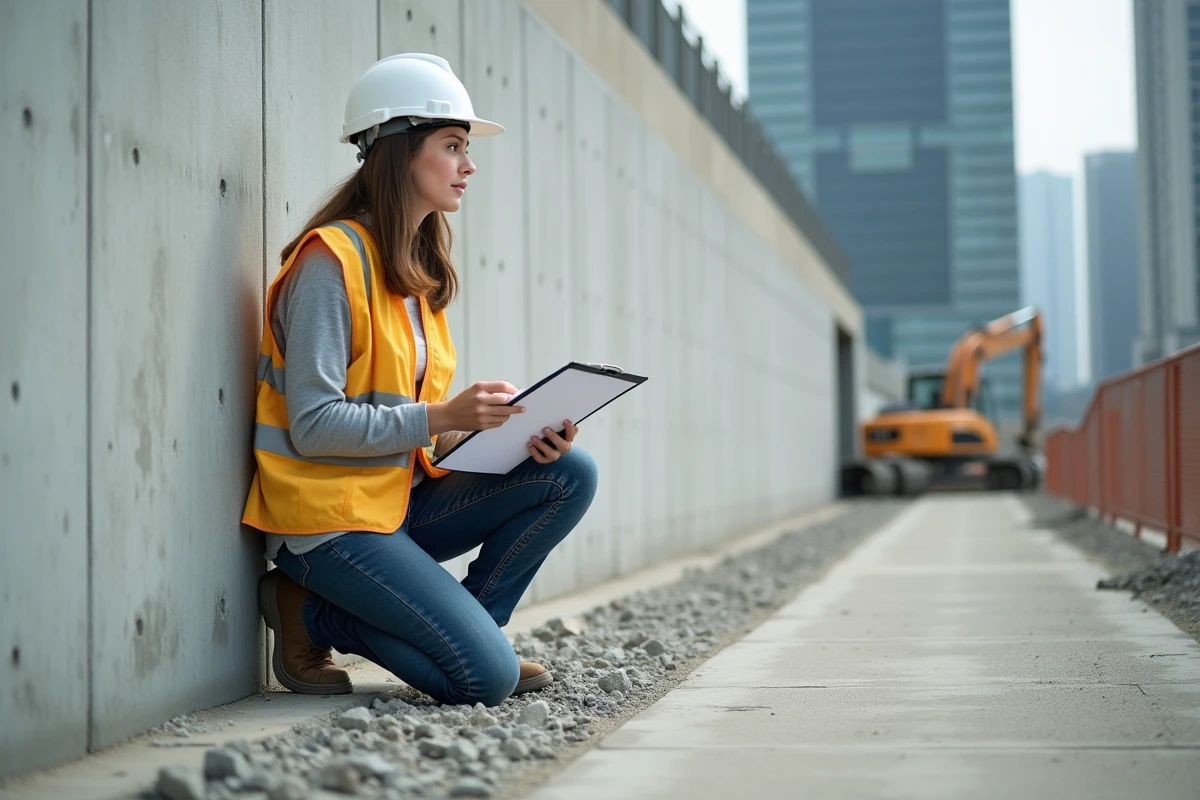 Ingenieur civil inspectant le sealant sur un mur en beton
