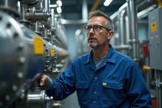 Ingénieur en bleu examine un échangeur industriel moderne