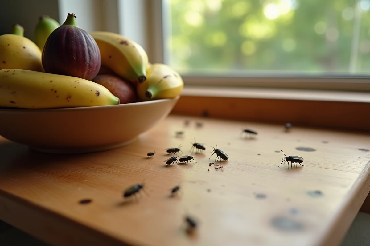 Petits insectes noirs autour d'un bol de fruits mûrs sur un plan de travail en été