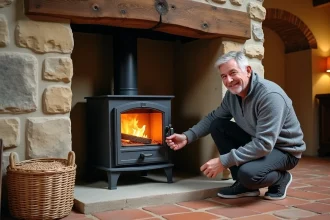 Insert à granulés installé dans une ancienne cheminée en pierre dans un salon de maison de campagne française