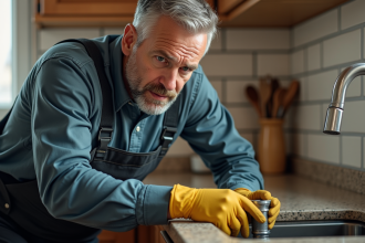 Homme en overalls inspectant un tuyau sous l'évier