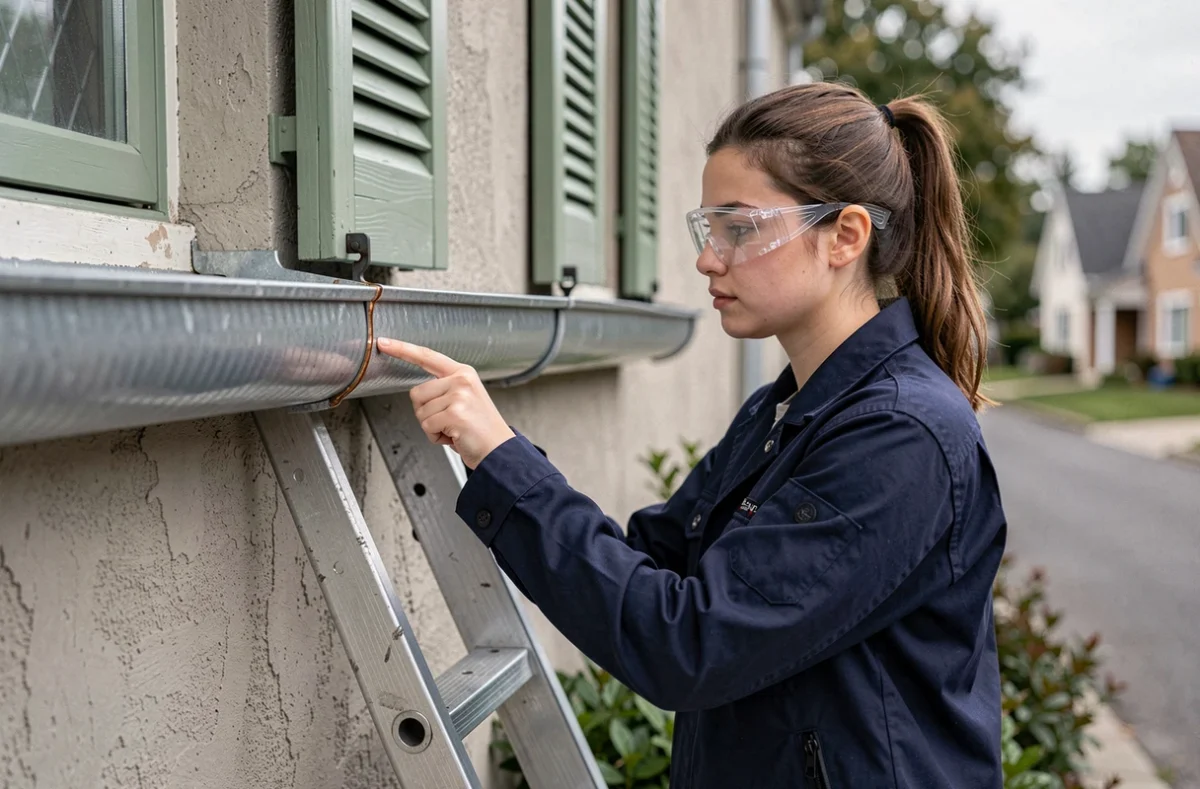 Jeune femme inspectant une soudure de gouttière en zinc sur la façade d'une maison après réparation
