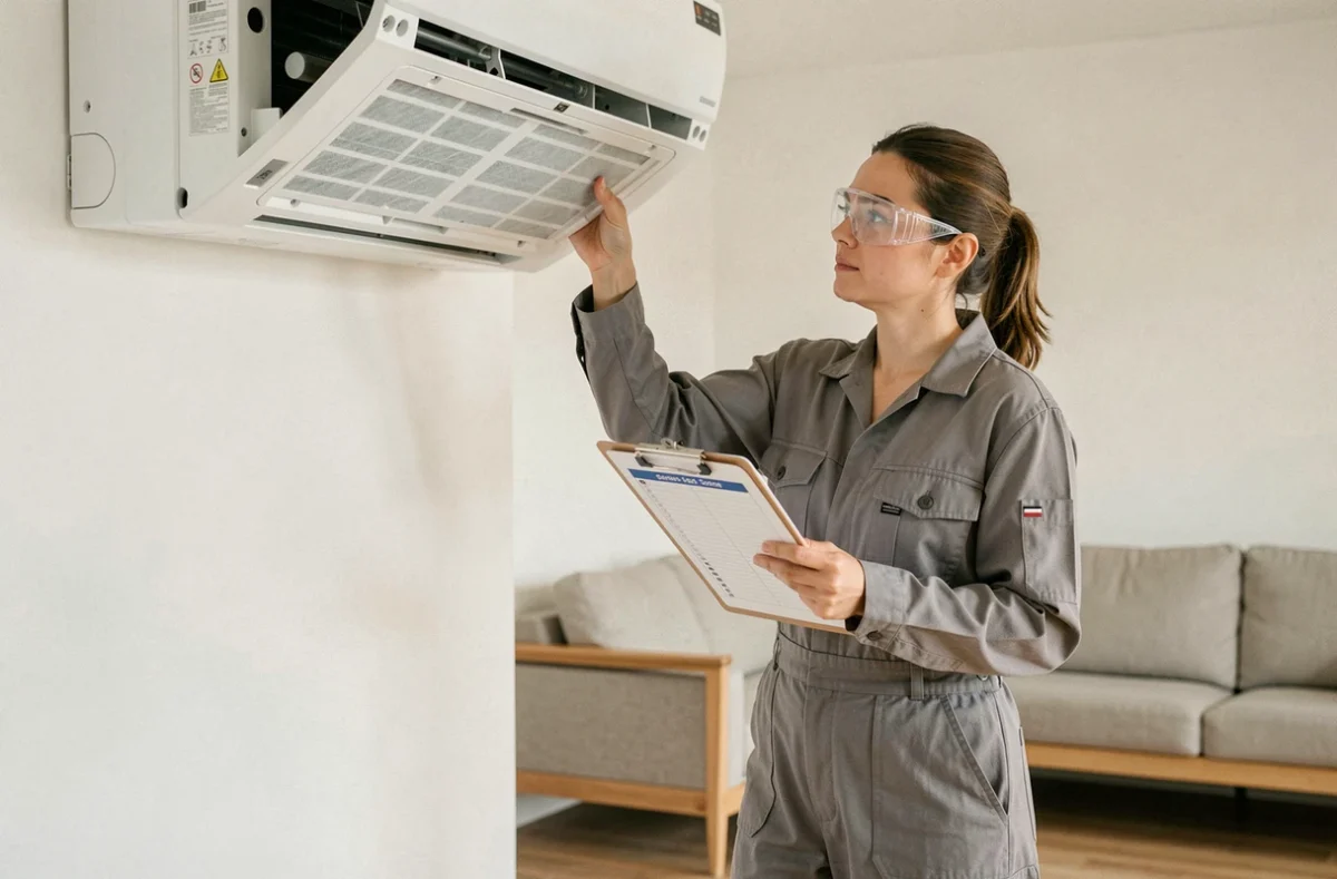 Technicienne inspectant le filtre d'une unité intérieure de pompe à chaleur air/air dans un salon moderne