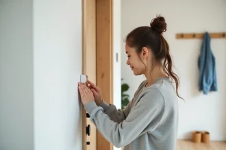 Mère installant un anti pince-doigt en mousse sur une porte intérieure blanche dans un couloir moderne