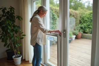 Femme installant une chatière amovible sécurisée sur une porte-fenêtre coulissante en verre