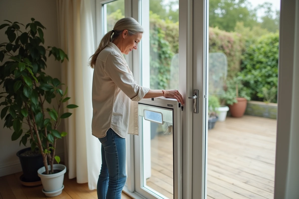 Femme installant une chatière amovible sécurisée sur une porte-fenêtre coulissante en verre