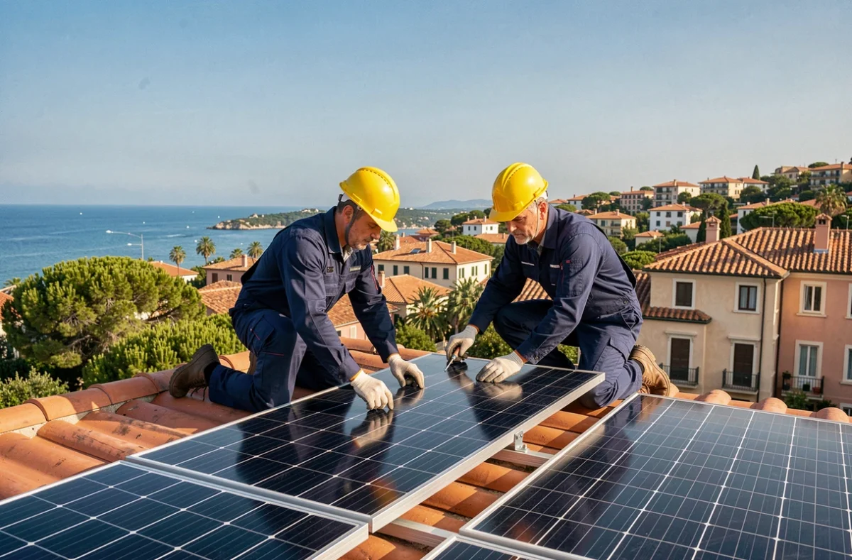 Deux techniciens posant des panneaux solaires sur un toit de maison à Nice avec vue sur la Méditerranée