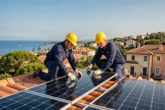 Deux techniciens posant des panneaux solaires sur un toit de maison à Nice avec vue sur la Méditerranée