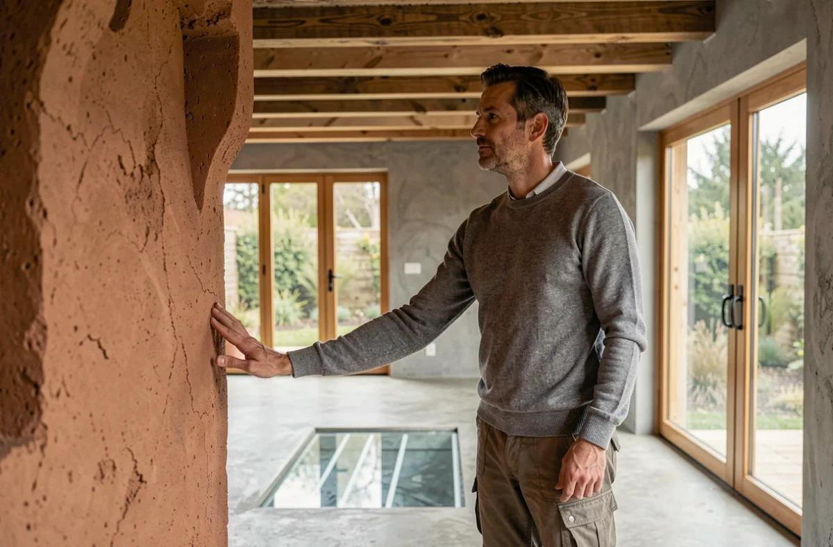 Homme touchant un mur en pisé dans une maison écologique avec poutres en bois recyclé et sol en béton ciré