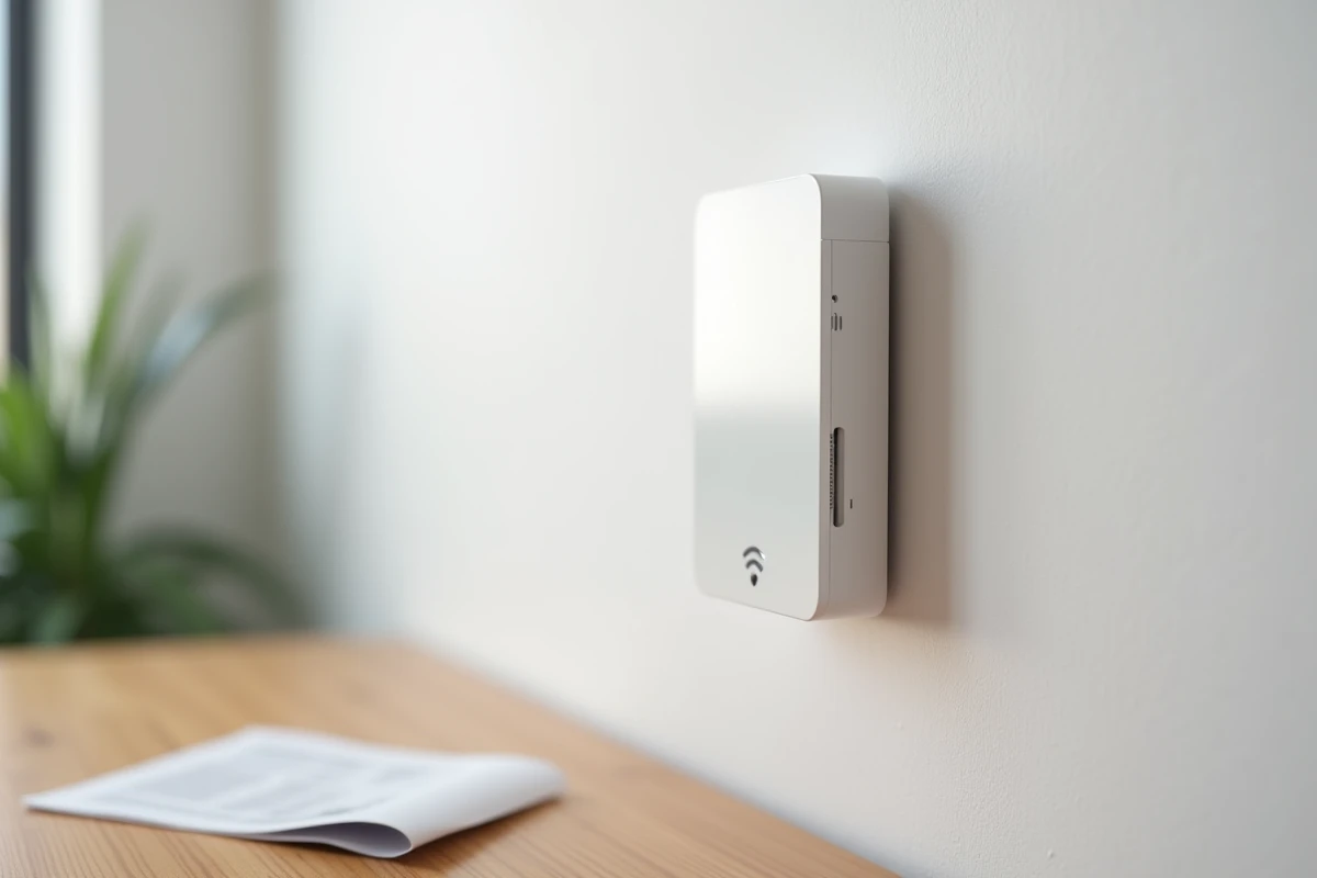 Gros plan sur un interrupteur sans fil avec marquage CE et conformité aux normes électriques françaises