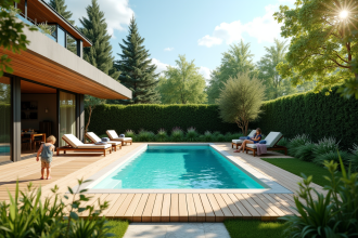 Jardin moderne avec piscine rectangulaire et famille en plein air