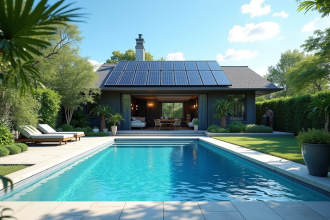 Jardin moderne avec piscine solaire et panneaux solaires