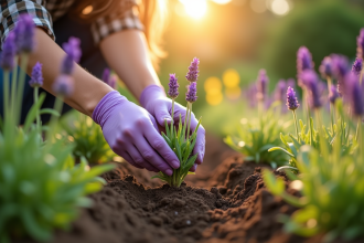Les mains d'un jardinier plantant de la lavande dans un jardin ensoleille