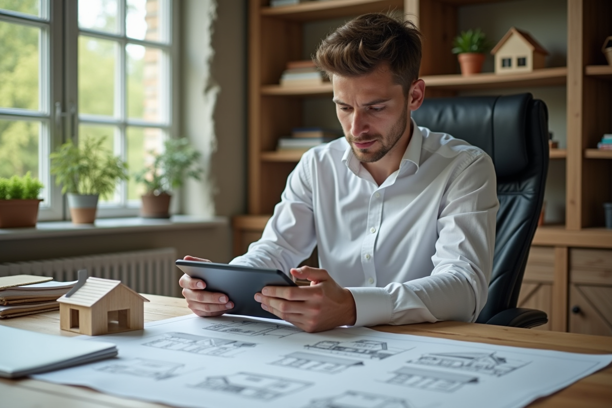 Jeune architecte analysant des plans dans son bureau lumineux