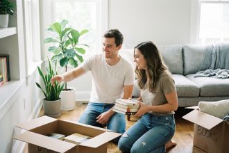 Jeune couple déballant des livres dans un salon moderne