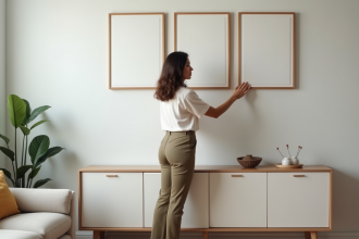 Jeune femme ajustant des cadres dans un salon moderne
