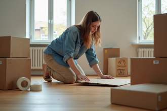 Jeune femme déballant des cartons dans son nouvel appartement
