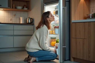 Jeune femme curieuse devant le frigo dans une cuisine moderne