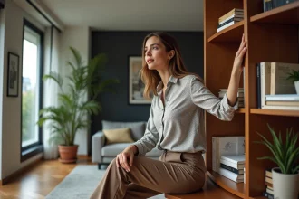 Jeune femme stylée tourne une étagère dans un appartement moderne