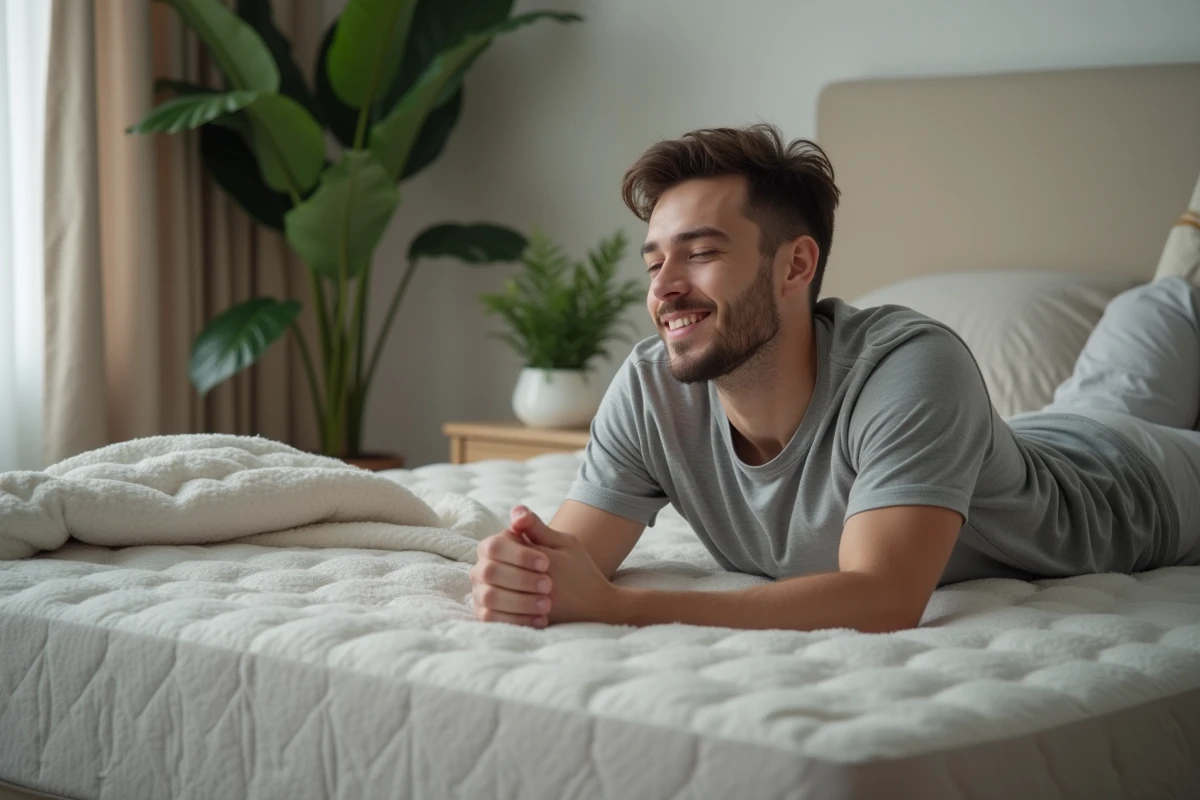 Jeune homme relaxe sur un matelas doux dans une chambre cosy