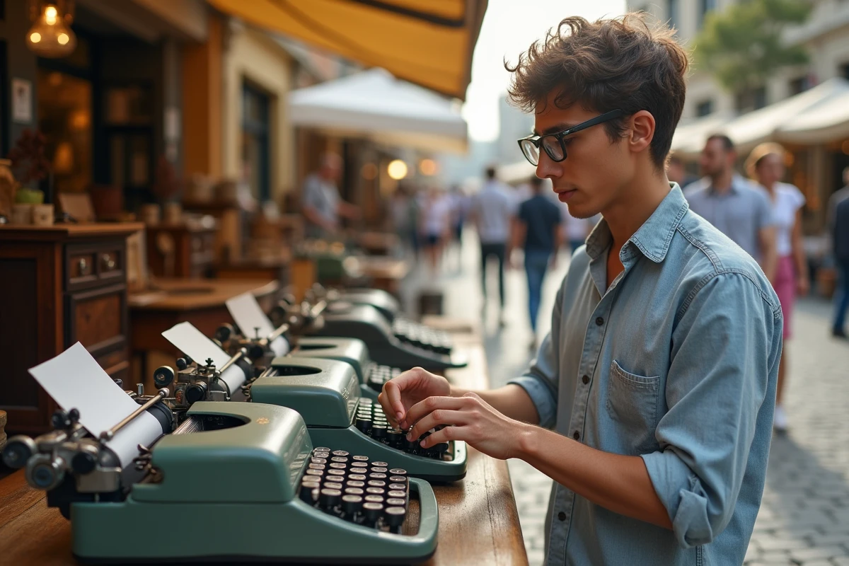 Jeune homme inspectant des machine à écrire anciennes au marché aux puces